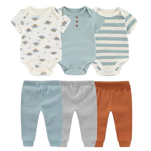 Baby Bodysuit and Pant Set 6-pcs Ribbed Soft Infant Boy Girl Clothes Outfits