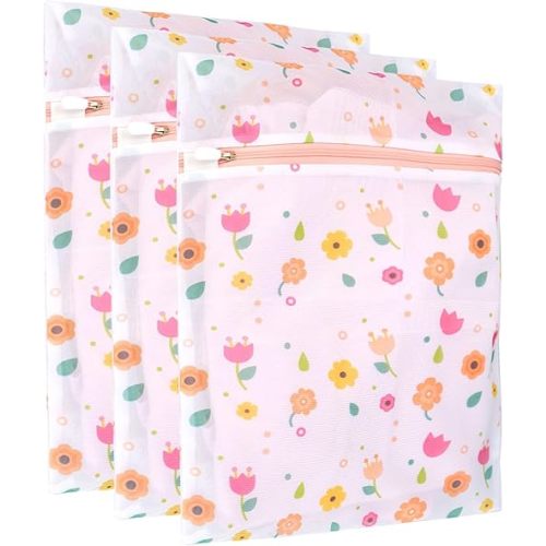 3Pcs Durable Mesh Laundry Bag, Durable Laundry Bags with Premium Zipper (Flower)