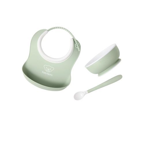 BabyBjörn Baby Feeding Set, 3 pcs, Powder Green | Includes Baby Plate, Baby Fork, Baby Spoon, and Baby Cup | Dishwasher Safe | Toddler Feeding Set for self-Feeding or Baby-led weaning