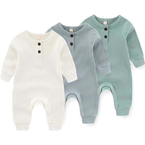 Newborn Baby Boys Girls One Piece Romper With Mitten Cuffs 3 Pack Long Sleeve Ribbed Button Jumpsuit Outfit Clothes
