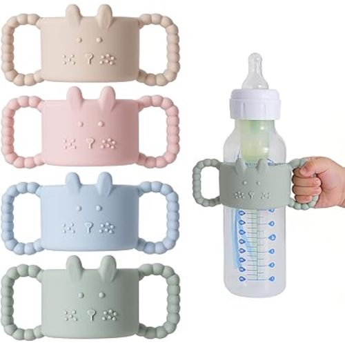 Andy Bear 4 Pack Silicone Baby Bottle Handles Compatible with Dr. Brown’s 8 oz/250 ml Narrow Bottles, Removable Easy Grip Handles for Bottle to Sippy Cup Transition, BPA Free Playful Bunny