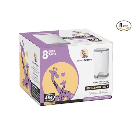Refills Compatible with DEKOR PLUS Diaper Pail Refills | 8 Pack | Diaper Pail Odor Eliminator| Fresh Powder Scent | Each Diaper Bag Refill Holds up to 4640 Diapers | Diaper bin refill