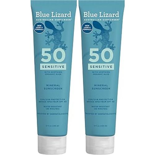 BLUE LIZARD Mineral Sunscreen, SPF 50+, Tube, Zinc Oxide | Water Resistant | Fragrance Free | For Sensitive Skin | 5 Fl Oz Pack of 2