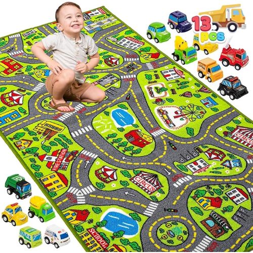 JOYIN Kids Play Rugs - 12 Pull-Back Vehicle Set - Durable Carpet Playmat Rug - City Pretending Play - Toddler Car Track Rug