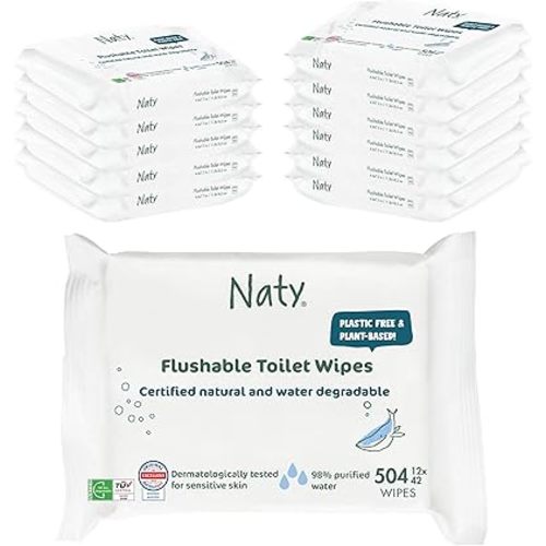 Naty Flushable Baby Wipes | 98% Water, Hypoallergenic & Natural for Sensitive Skin | Unscented, Fragrance-Free, Plant-Based | Plastic-Free, Water-Degradable | Newborn & Toddler | 504 Count (12 Packs)