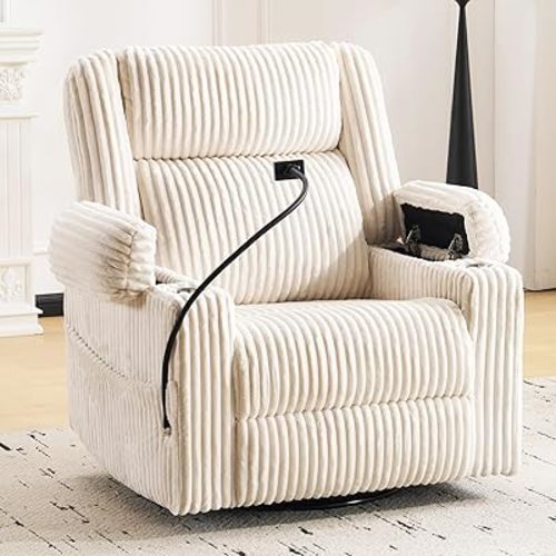 Oversized Power Recliner Chair with Massage and Heat,Swivel Rocker Recliner Chair for Adults with Arm Storage,Nursery Glider Recliner with Adjustable Headrest and Side Pockets,Phone Stand,Beige