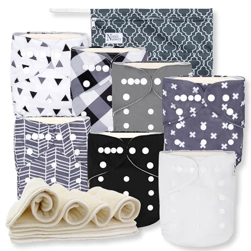 Nora's Nursery Cloth Diapers 7 Pack with 7 Inserts & 1 Wet Bag - Waterproof Cover, Washable, Reusable & One Size Adjustable Pocket Diapers for Newborns and Toddlers - B&W Unisex 2