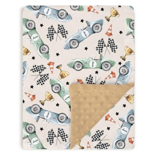 Baby Blankets for Boys 30" x 40", Soft Double Layer Minky Blanket with Dotted Fleece Back, Nursery Bed Receiving Quilt for Newborn Infant Toddler Shower Gift Brown Retro Race Car Theme