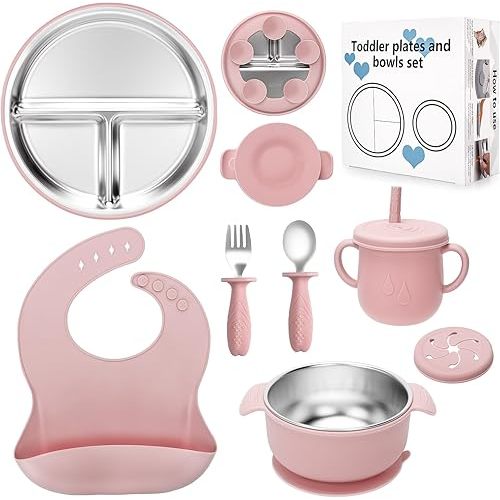Baby Weaning Bundle, Silicone Baby Feeding Set, Comes with Detachable Silicone Stainless Steel Toddlers Plate and Bowl set, Baby Bib and 2-in-1 Water Cup and spoons (Pink)