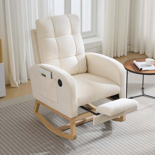 Rocking Chair Nursery,Teddy Upholstered Glider Rocker with High Backrest,Reading Chair Modern Rocking Accent Chairs Glider Recliner,Side Pocket & Footrest for Living Room,Bedroom,Nursing Room