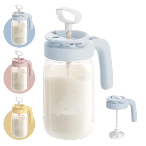 Papablic Glass Breast Milk Pitcher – Baby-Safe Formula Mixer with Easy-Blend Handle Lid, Wide-Mouth Mason Jar, Leakproof Flip-Lock Spout, BPA-Free, Gift for New Moms, Blue