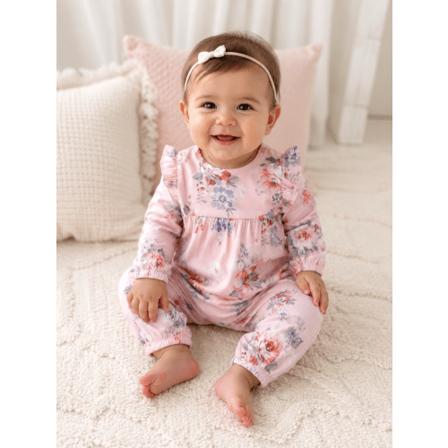 Ruffle Sleeve Romper, Painterly Rose Bouquets