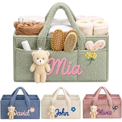 Personalized Baby Diaper Caddy Organizer Custom Name Baby Storage Basket Monogrammed Newborn Essentials Gifts for Toddler Girls Boys Portable Car Caddy Organizer