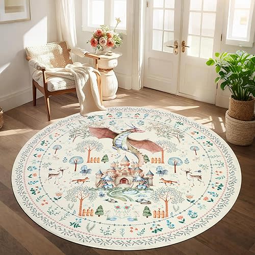 nesrt Washable Dragon Area Rugs for Living Room 6Ft Round, Beige Soft Modern Bedroom Rugs Non Slip, Thin Animal Print Forest Dining Room Floor Carpets for Kids Nursey Playroom Home Office Decor