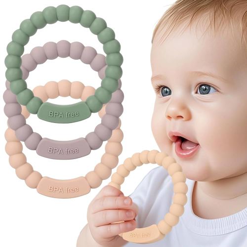 3Pack Baby Ring Teethers - 100% Food-Grade Silicone Teething Ring Toys for 0-3,3-6 Months- One-Piece Soft Beaded Teethers Ring for Baby Teething Relief 6-12, 12-18 Months | Easy to Grip Toy