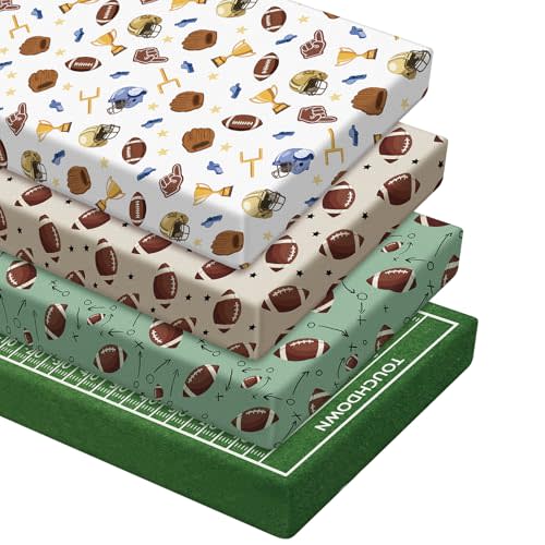 Vitalcozy 4 Pcs Football Crib Sheet for Standard Nursery Decor | Fits 52x28x8 Inch Mattresses, Nursery Bedding Newborns Toddlers, Elastic Corners, Perfect Baby Shower Gifts Girls Boys