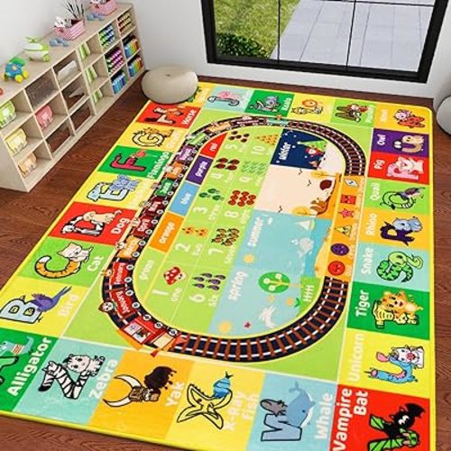 ABC Kids Rug for Playroom - 78.7" 118" Baby Play Mat Alphabet Animal Number Shape Classroom Rug