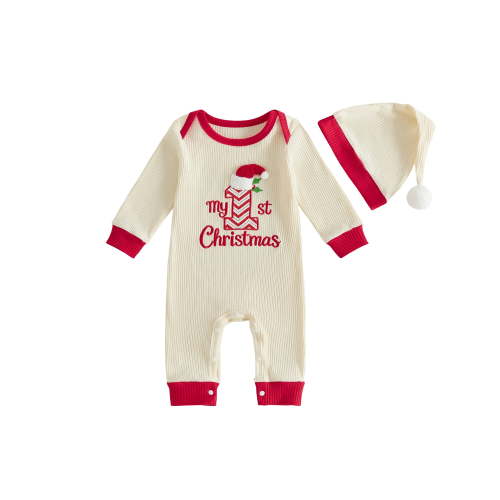 Cjfdfy Newborn Baby Boy Girl Christmas Romper Outfit My 1St Christmas Long Sleeve knit Romper And Santa Hat Set Infant Cute My First Christmas Fall Winter Holiday Set 0-18M