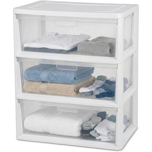 Wide 3 Drawer Plastic Storage Tower with Clear Removable Bins, 15.6" x 21" x 25.2" Organizer Unit with Drawer Stops and Easy-Pull Handles for Closet, Dorm, and Office Organization, White