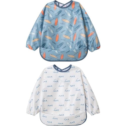 Little Dimsum Long Sleeve Feeding Bibs,Waterproof Baby Bibs with Sleeves, Infant Toddler 6-36 Months for Smock Bib(Surf)