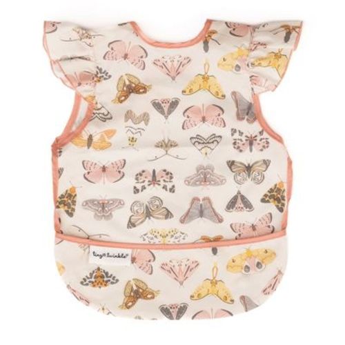 Tiny Twinkle Mess-Proof and Waterproof Baby Bib/Apron with Ruffled Shoulder, Machine Washable and BPA-Free (Flutter, Small 6-24 Months)