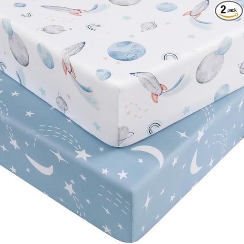 Pack and Play Sheets for Boys Girls, 38" x 26" Mini Crib Sheets Fitted for Pack n Play Mattress, Soft Breathable Playard Sheets, 2-Pack Blue Rocket