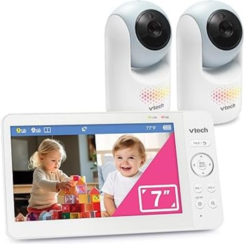VTech 2-Cameras Video Baby Monitor with 7" Color LCD Screen, Rechargeable Battery, Video and Audio Streaming, Pan-Tilt-Zoom, Touch Multi-Color Night Light, Two-Way Talk: Advanced Max Twin (Blue)