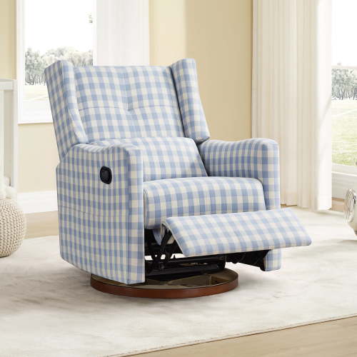 Spruce & Spring Swivel Glider Recliner Chair for Living Room & Nursery, Chenille Fabric, Baby Blue & Cream Plaid