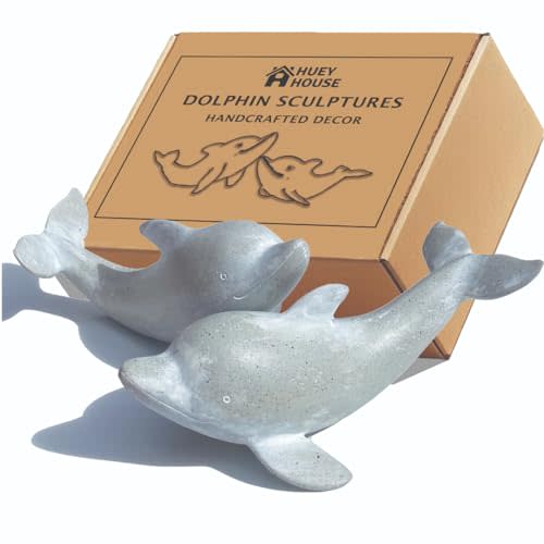 Huey House Coastal Dolphin Sculptures - Handcrafted Resin Figurine for Bookshelf, Small Decorative Indoor Gray Dolphins, Set of 2 (7.5" & 6.5")