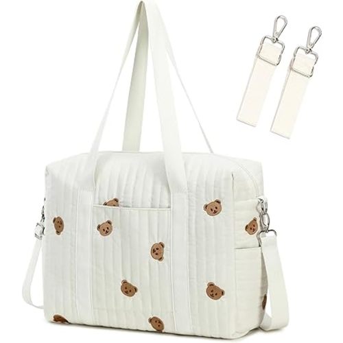 Diaper Bag Tote with Insulated Pockets and Stroller Hooks for Travel (White, Medium)