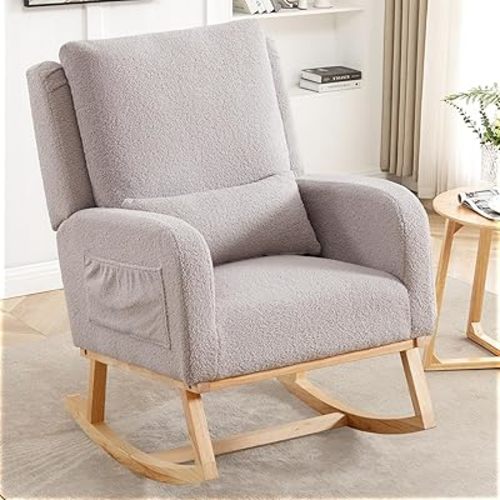 HCHAIRH Rocking Chair Nursery, Boucle Nursing Rocking Chairs, Upholstered Nursery Glider Rocker Wingback Morden Rocking Chair with Lumbar Pillow for Mom Nursery, Living Room, Bedroom, Grey