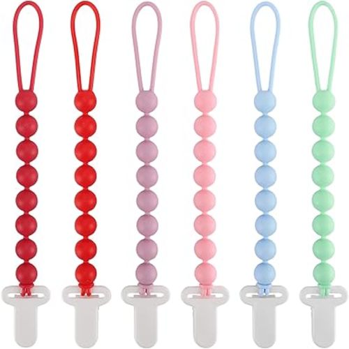 6-Pack Silicone Pacifier Clips for Babies, Safe Teething Beads, Rust-Free Holders, Baby Boy and Girl Essentials, Newborn Must-Have Accessories, BPA-Free (Pink)