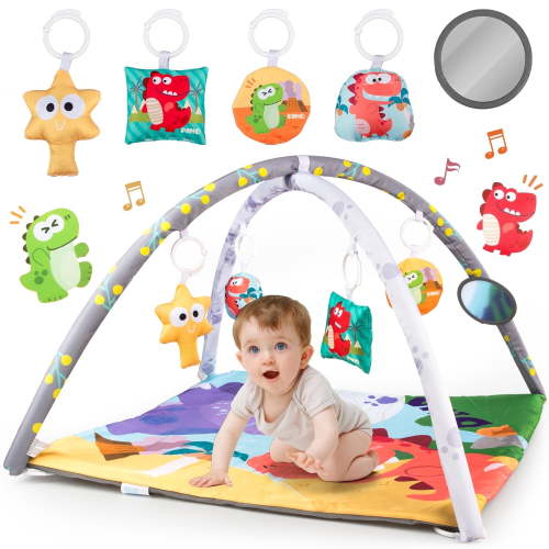 UUSUOO Baby Gym Play Mat,Tummy Time Mat With 5 Sensory Toys,Baby Activity Gym Mat for Visual, Hearing, Sensory,Baby Toys 0-6 Months,Christmas Gifts for Baby 0-3-6-9-12 Month