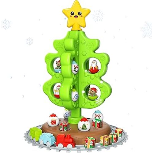 My First Christmas Tree for Kids, Toddler Tree Toy Set with Hanging Decorations Ornaments, Xmas Tree with Snowman/Santa/Moose/Gifts Toys, DIY Train Set with Tracks for Boys Girls