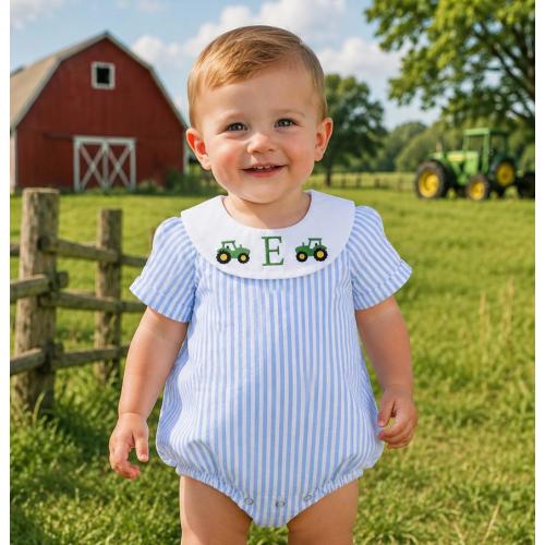 Boy Seersucker Tractor Bubble, Embroidered, green tractor, farm