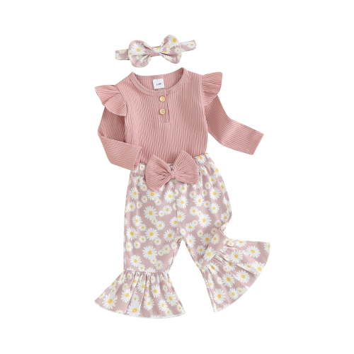 Loicainy Baby Toddler Girls 3 Piece Flare Pants Outfits 3 6 9 12 18 Months Ribbed Long Sleeves Romper and Daisy Print Elastic Pants Headband Set Fall Spring Clothes Set