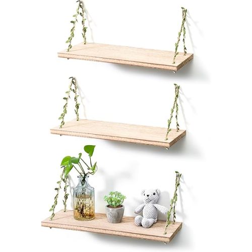 MITIME Leaf Rope Hanging Floating Shelves, Wall Swing Storage Shelf for Home Decor.17, 3-Pack (Light Color)