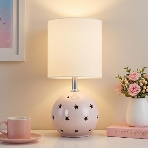Small Table Lamp, 14" Pink Ceramic Bedside Lamps for Girls Bedroom, 3 Color Mode Bulb Included Nightstand Lamps Rocker Switch Side Table Lamp for Kids Bedroom Lighting Aesthetic Linen Shade Lamps