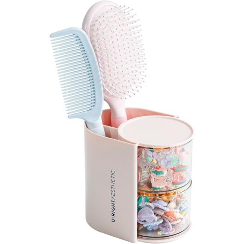 FABROK 2-Layer Clear Hair Accessories Organizer with Hair Brushes Holder, Rotatable Small Jewelry Box for Necklaces、Earring, Desktop Organizer Case for Hair Accessories, Cotton Swab(Pink)