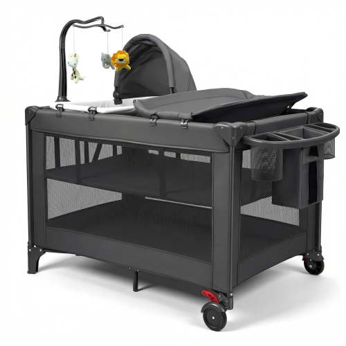 RUPOUN Baby Playards, Foldable Nursery Center Playpen and Toy Mobile, Portable Travel Bassinet, Locking Wheels, Gray