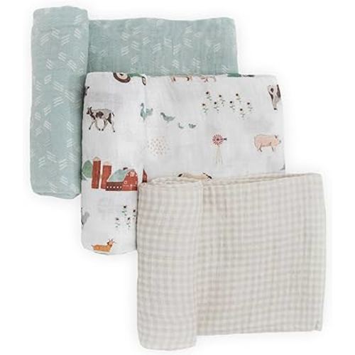 Little Unicorn - Farmyard Cotton Muslin Swaddle Blanket Set | Set of 3 | 100% Cotton | Newborns and Infants | 47" x 47" | Unisex