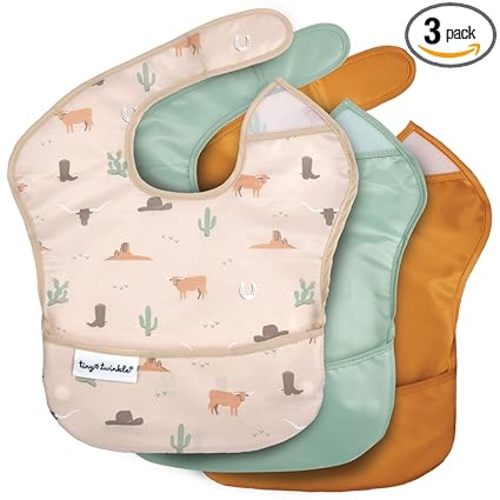 Tiny Twinkle Mess-Proof Baby Bibs for Eating | Waterproof, Wipeable Toddler Bibs with Catch-All Pocket | Feeding Bibs for Girls & Boys(3 Pack,Cowboy)