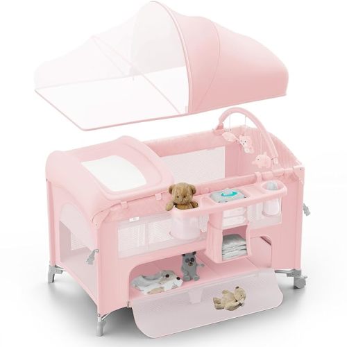 Obee Odee Baby Bassinet, Pack n Play, Bedside Crib Sleeper, Diaper Changer | Large Size Pack and Play, Comes with Mattress, Mosquito Net, Storage Basket and Toy Bar, Suitable for Newborn to Toddler