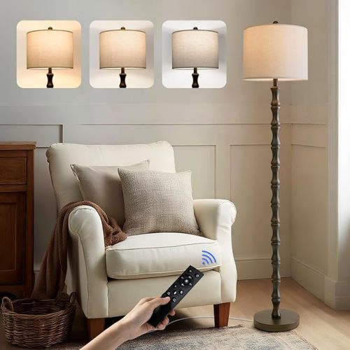 BOBOMOMO 62" Rustic Farmhouse Floor Lamp with Remote & Dimmable 9W Bulb, 3 Color Temperatures Resin Standing Lamp, Retro Corner Tall Lamp for Living Room, Bedroom, Nursery, Office, Reading Nock