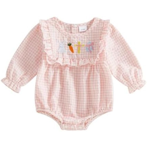 Baby Girl Easter Outfit Bunny Embroidered Long Sleeve Plaid Bubble Romper Cute Infant Girl Spring Clothes