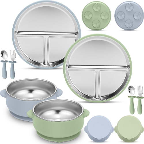 8-Piece Stainless Steel Kids Plates & Bowls Set with Suction Base, A Complete Feeding Set with Removable Silicone Sleeves, Dishwasher Safe