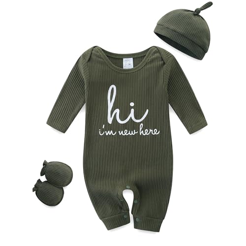 Baby Romper with Baby Mittens & Newborn Hats Footless Long Sleeve Solid Onesie Hi Im New Here