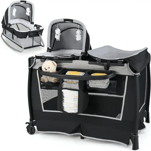 HONEY JOY Pack and Play, 5 in 1 Portable Infant Playpen with Bassinet & Changing Table, Storage Bag, Music Box, Toys, Carry Bag, Nursery Center, Baby Playard Pack n Play Crib for Boys Girls