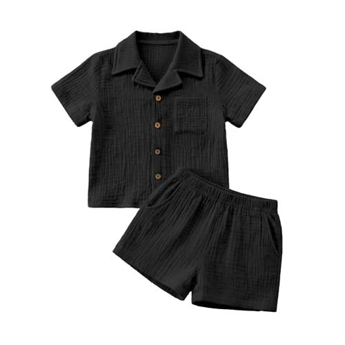 XMWEALTHY Toddler Baby Boy Summer Clothes Color Block Short Sleeve Button-down Shirt Tops + Cotton Pants Outfit Set