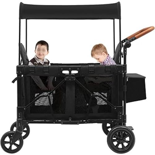 Bacocoo Double Stroller Wagon for Mountain Travel & Camping, 2-Seat All-Terrain Kids Wagon Cart with 5-Point Safety Harness, Large Sunshade, Lockable Wheels, Foldable Design.(Black)